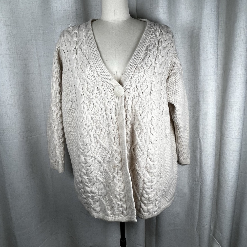 Aran Crafts Ireland XL 100% Merino Wool Cableknit Cardigan Sweater Ivory READ‎